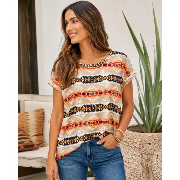 Cato Tops - CATO Womens Large Aztec Tribal Print Hi Low Top Light Knit Southwestern Boho